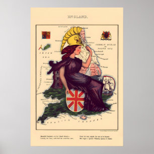 Póster Mapa Cómico de Inglaterra Litografía Vintage 1860s