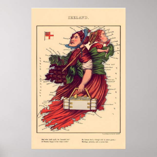 Póster Mapa Cómico de Irlanda Litografía Vintage 1860s (Frente)