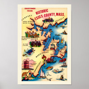 Póster Mapa costero de Vintage Massachusetts