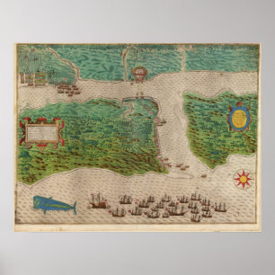 Póster Mapa de 1589 - Viaje de Drake - San Agustín, Flori