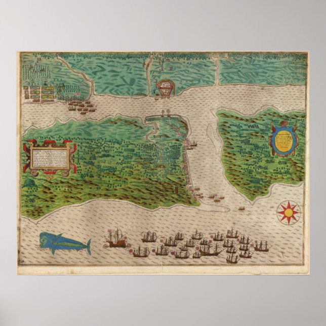 Póster Mapa de 1589 - Viaje de Drake - San Agustín, Flori (Frente)