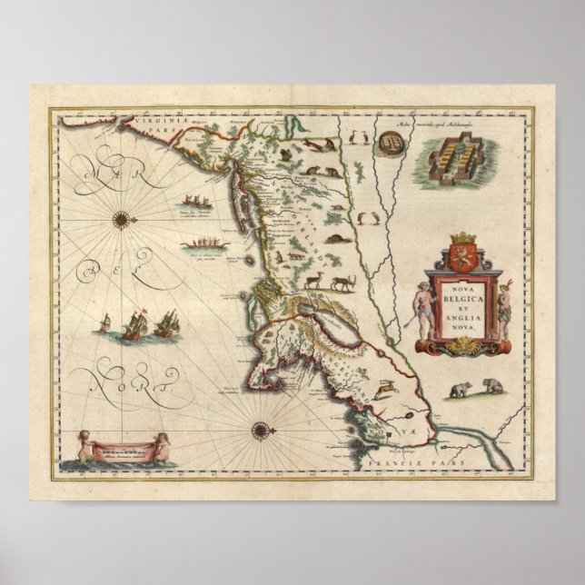 Póster Mapa de 1640 "Nova Belgica Et Anglia Nova" (Frente)