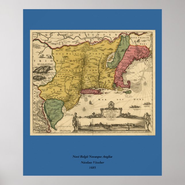 Póster Mapa de 1685 - Nueva Bélgica, El Nuevo Mundo, Nuev (Frente)