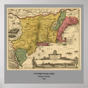 Póster Mapa de 1685 - Nueva Bélgica, El Nuevo Mundo, Nuev