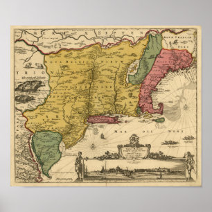 Póster Mapa de 1685 - Nueva Bélgica, El Nuevo Mundo, Nuev