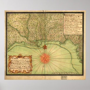 Póster Mapa de 1747 del Territorio de Luisiana y la Costa
