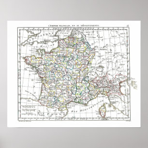 Póster Mapa de 1806 - L'Empire Francais en 111 departamen