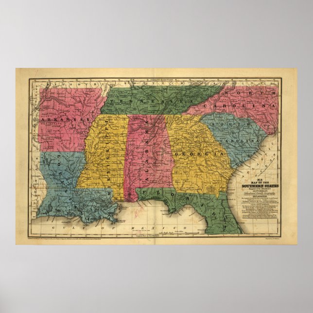 Póster Mapa de 1839 del sur de Estados Unidos (Frente)