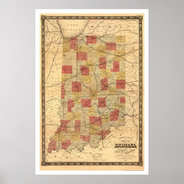 Póster Mapa de 1858 del ferrocarril de Indiana (Frente)
