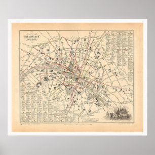 Póster Mapa de 1858: Itineraire des Omnibus dans Paris Fr