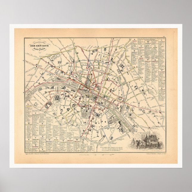 Póster Mapa de 1858: Itineraire des Omnibus dans Paris Fr (Frente)