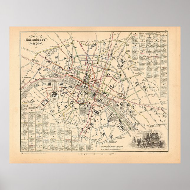 Póster Mapa de 1858: Itineraire des Omnibus dans Paris Fr (Frente)