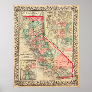 Póster Mapa de 1867, California, Vintage