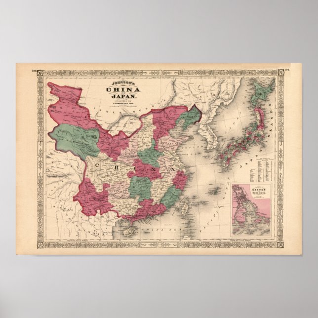 Póster Mapa de 1868 - China y Japón de Johnson (Frente)