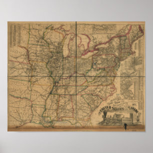 Póster Mapa de 1871 de ferrocarriles y distancias de EE.U