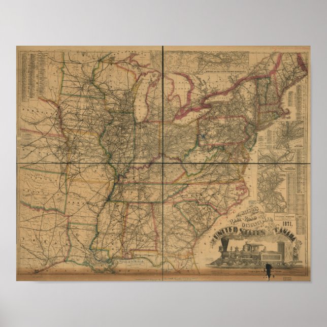 Póster Mapa de 1871 de ferrocarriles y distancias de EE.U (Frente)