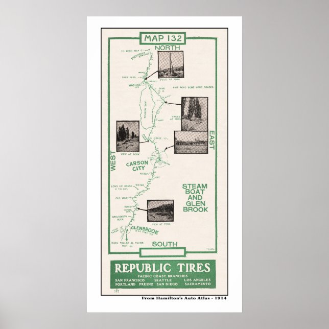 Póster Mapa de 1914, Carson City, Steamboat, Glenbrook (Frente)