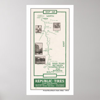 Póster Mapa de 1914, oro bruto a Wawona, Yosemite
