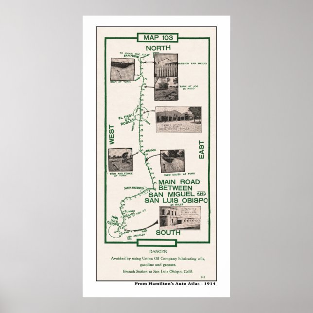 Póster Mapa de 1914, San Miguel a San Luis Obispo (Frente)