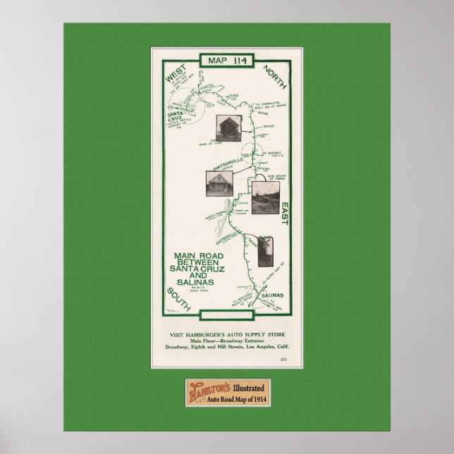 Póster Mapa de 1914, Santa Cruz a Salinas, Green Mat (Frente)