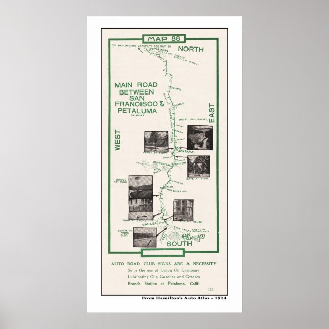 Póster Mapa de 1914, SF a Petaluma (Frente)