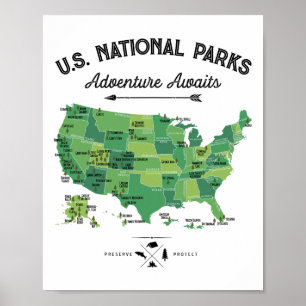 Póster Mapa de 62 Parques Nacionales Camping Vintage Hiki