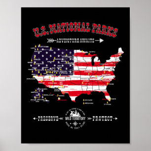 Póster Mapa de 63 Parques Nacionales - Bandera Americana