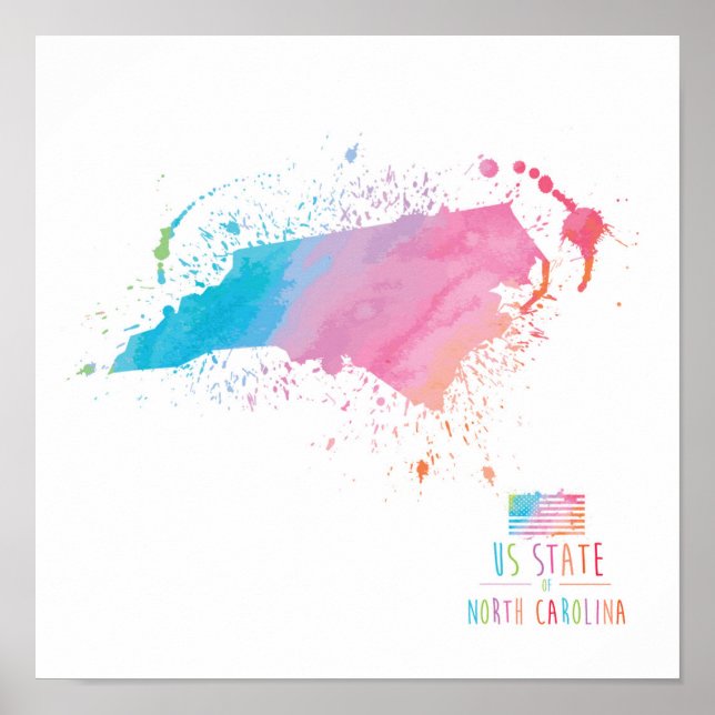 Póster Mapa de acuarela | Carolina del Norte (Frente)