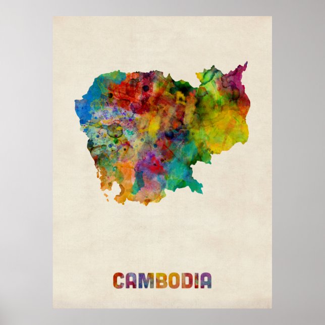 Póster Mapa de acuarela de Camboya (Frente)
