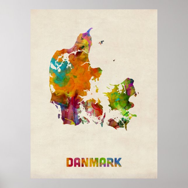 Póster Mapa de acuarela de Dinamarca (Frente)