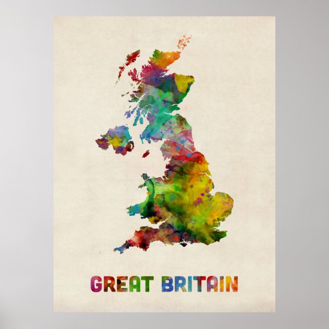Póster Mapa de acuarela de Gran Bretaña (Frente)