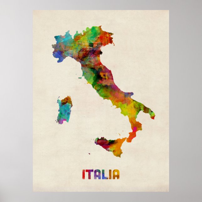 Póster Mapa de acuarela de Italia, Italia (Frente)