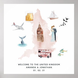 Póster Mapa de acuarela de la boda de destino de bienveni