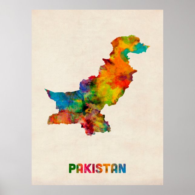 Póster Mapa de acuarela de Pakistán (Frente)