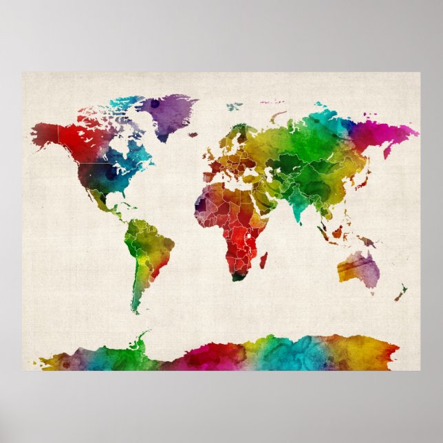 Póster Mapa de acuarelas del Mapa Mundial (Frente)