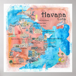 Póster Mapa de afiches de viaje ilustrado de La Habana Cu