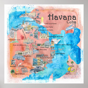 Póster Mapa de afiches de viaje ilustrado de La Habana Cu