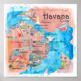 Póster Mapa de afiches de viaje ilustrado de La Habana Cu