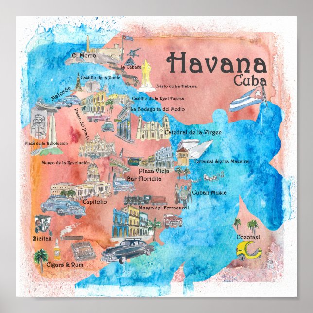 Póster Mapa de afiches de viaje ilustrado de La Habana Cu (Frente)