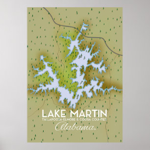 Póster Mapa de afiches del viaje del lago Martin Alabama.