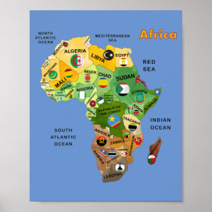 Póster Mapa de África con ilustraciones de banderas