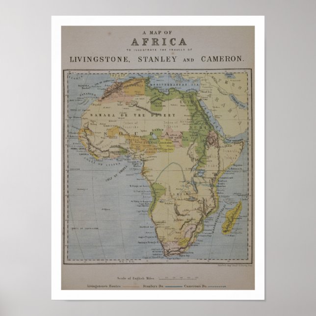 Póster Mapa de África para ilustrar los viajes de David (Frente)
