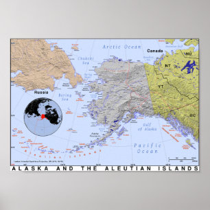 Póster Mapa de Alaska y los Aleutianos