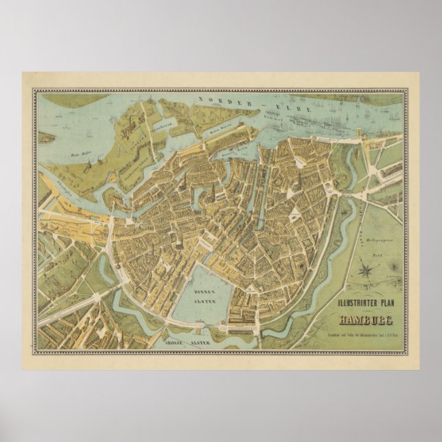 Póster Mapa de Alemania de la Antigua Hamburgo (1854) (Frente)