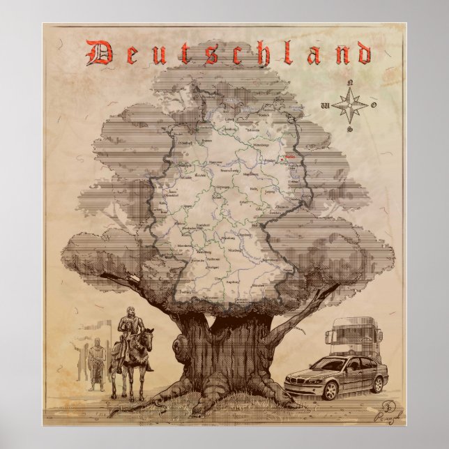 Póster Mapa de Alemania. Estilo de un antiguo grabado. (Frente)