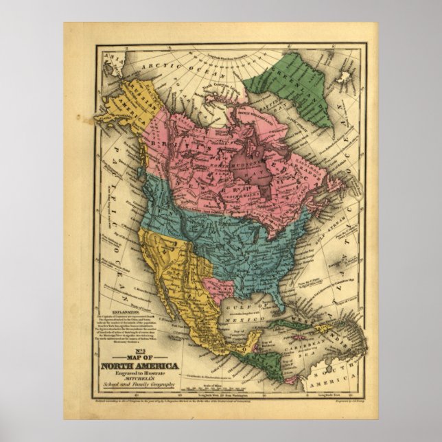 Póster Mapa de América del Norte de 1839 (Frente)