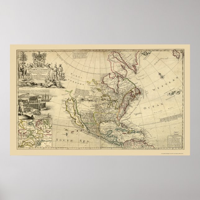Póster Mapa de América del Norte de Herman Moll 1715 (Frente)