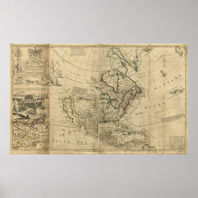 Póster Mapa de América del Norte de Herman Moll (1715) (Frente)