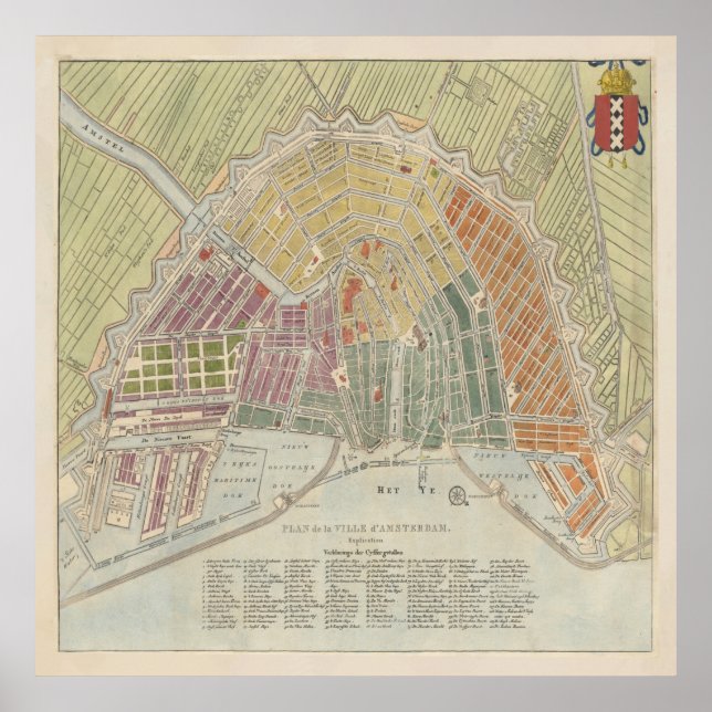 Póster Mapa de Amsterdam de época (1835) (Frente)