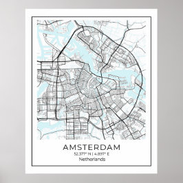 Póster Mapa de Amsterdam - Mapa blanco y negro de Ámsterd